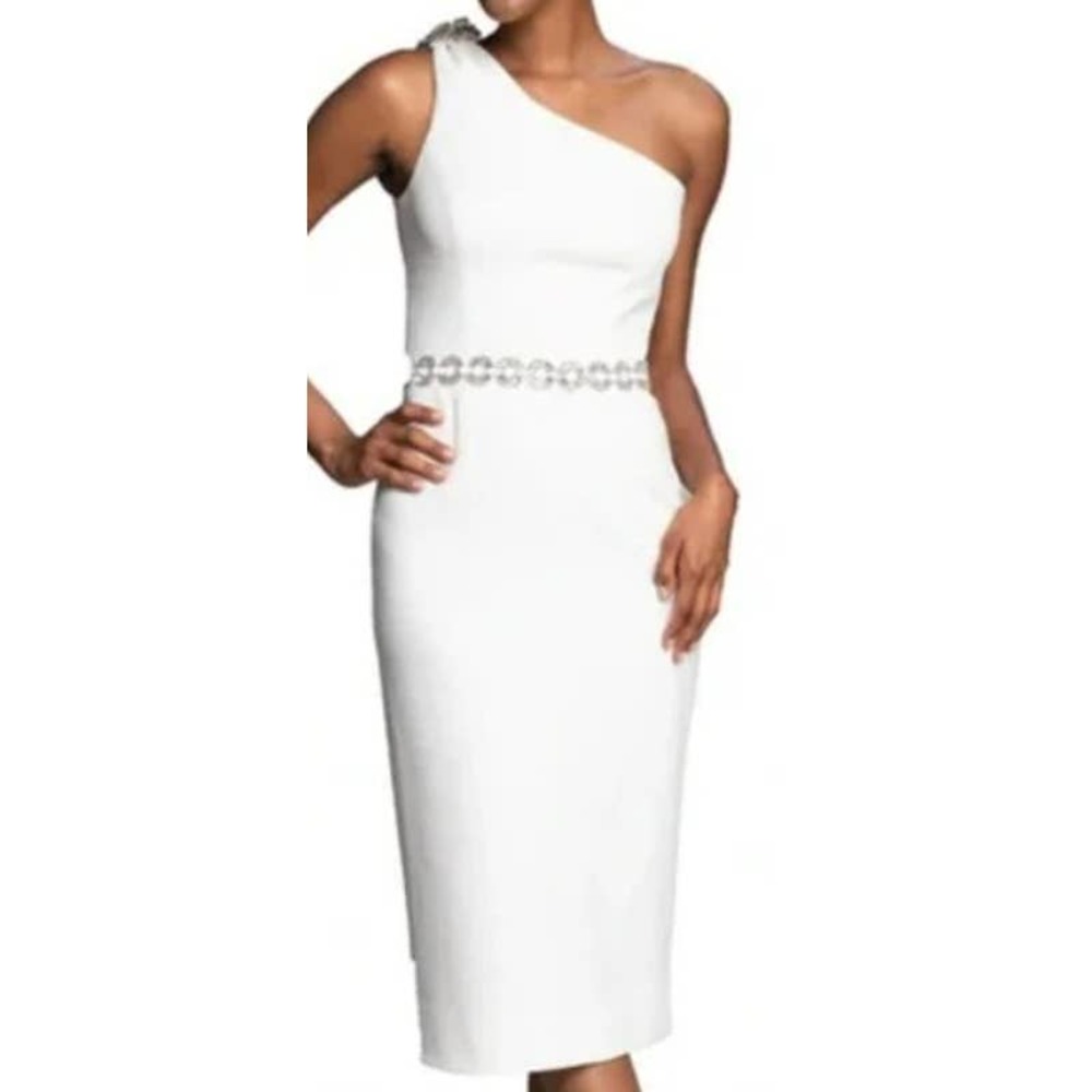 DRESS THE POPULATION L off white Noa one shoulder crepe sheath dress nwt B91